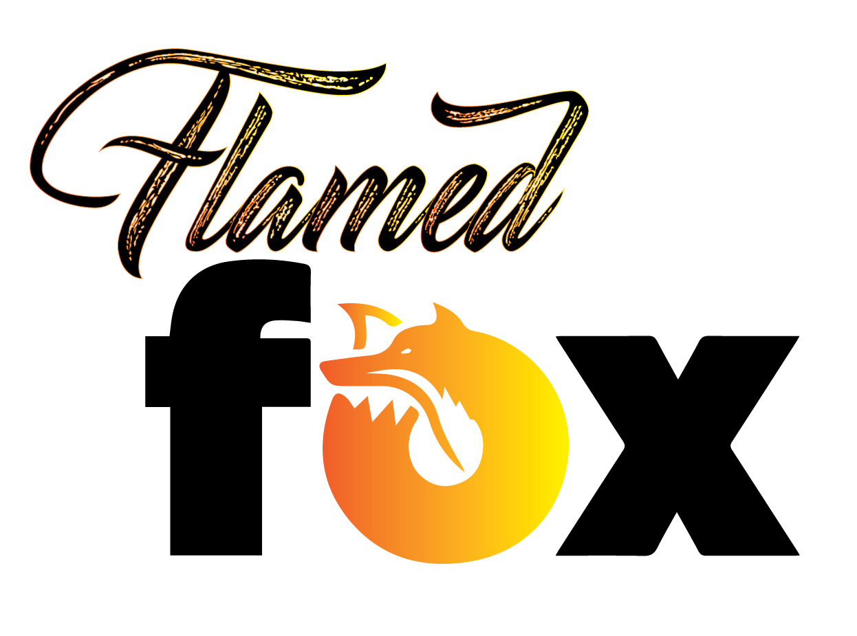 Original FlamedFox brand logo — script wordmark above the fox-in-flame emblem